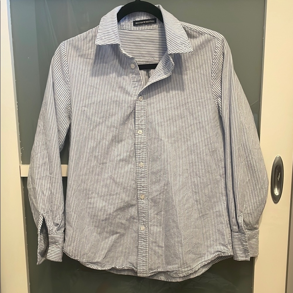 Brandy Melville Classic Blue Striped Women Button Down Collared Blouse Top, EUC